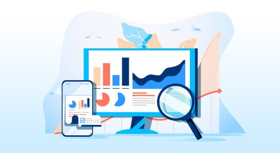 ilustração de monitor e celular com lupa de busca