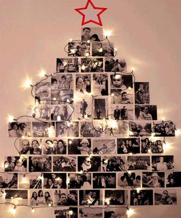 mural de fotos em formato de árvore de natal